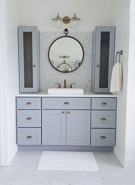 Grey Bathroom Cabinets, Bathroom Cabinets Designs, Rta Cabinets, Bathroom Decor Luxury, Grey Bathroom, Upstairs Bathrooms, Bathroom Redo, Girls Bathroom, Grey Cabinets