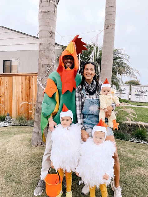 rooster, farmers, and chickens Chicken Farmer Costume, Farmer And Chicken Costume, Baby Chicken Costume, Farmer Costume, Chicken Costume, Chicken Costumes, Doggie Daycare, Baby Chicken, Mom Dad Baby