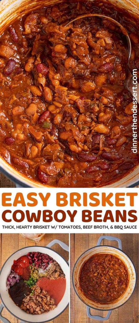 Brisket Cowboy Beans are better-than-baked beans with brisket, simmered in a thick sauce made with tomatoes, beef broth, barbecue sauce, and no added sugar. #dinner #brisket #bakedbeans #beans #cowboybeans #dinnerthendessert Brisket And Beans Recipe, Beans And Brisket, Canning Brisket, Beef Brisket Sides Dishes, Ground Brisket Recipes, Baked Beans With Brisket, Brisket Beans, Chicken Alfedo, Brisket Baked Beans