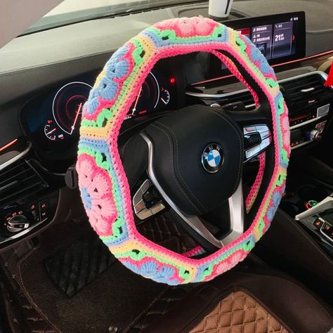 Steering Wheel Cover for Women Crochet Cute Rainbow Flower | Etsy Crochet Sterling Wheel Cover, Jdm Car Interior, Diy Wire Jewelry Rings, Hippie Car, Diy Bouquet Wrap, Girly Car Accessories, Car Things, Car Deco, Crochet Cute