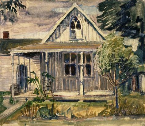 Wood Sketch, American Gothic Painting, Grant Wood American Gothic, Gothic Farmhouse, Gothic Painting, Artist Grants, Grant Wood, Suburban House, Detailed Paintings