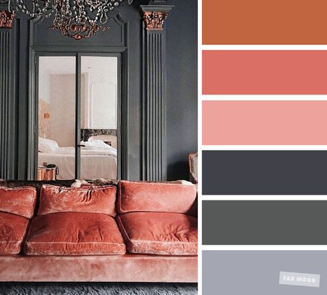 The best living room color schemes - Grey and Terracotta Color Palette , coral velvet #color #colorscheme Grey And Terracotta, Terracotta Living Room, Coral Living Rooms, Good Living Room Colors, Terracotta Color Palette, Color Palette Living Room, Rustic Farmhouse Living Room, Terracotta Color, Modern Color Schemes