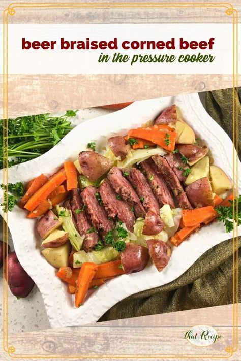 Beer braised corned beef in the pressure cooker makes a tender and flavorful meal in just a few hours. Cooking with beer | St Patrick's Day | Instant Pot | pressure cooker Braised Corned Beef, Pressure Cooker Corned Beef, St Patricks Day Recipes, Corned Beef Recipe, Cooking Corned Beef, Slow Cooker Corned Beef, Pork Recipes For Dinner, Corned Beef Brisket, Cooking With Beer