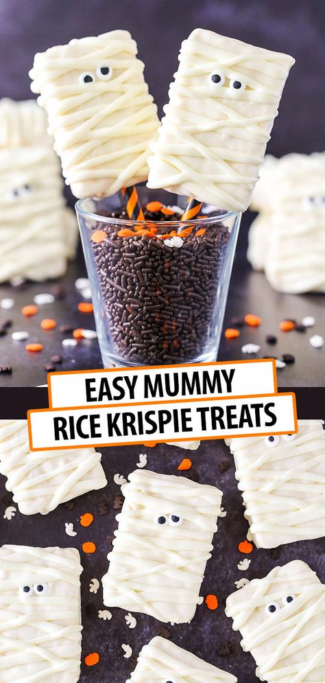 Mummy Rice Krispie Treats are such a fun Halloween party food idea! Made with only three ingredients, they're the perfect easy recipe for Halloween parties. #halloween #halloweenfood #halloweenparty #halloweendessert #ghostdessert Ghost Desserts, Fun Halloween Party Food, Halloween Party Food, Treat Bar, Dirt Cake, Seasonal Desserts, Halloween Treats For Kids, Baking 101, Chocolate Chip Cookie Cake