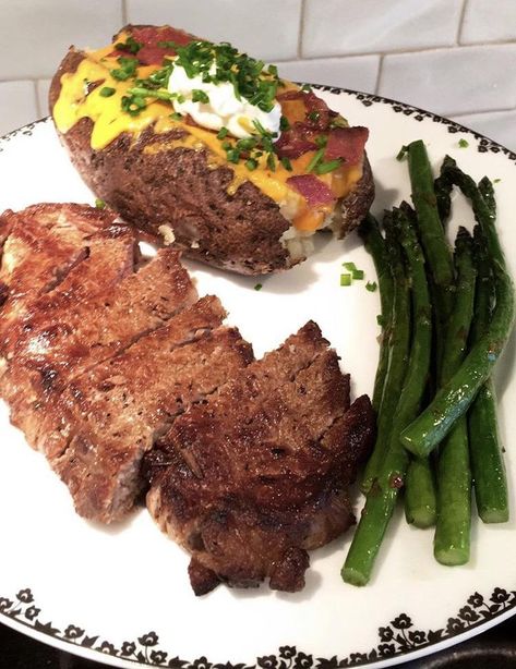 Steak And Loaded Baked Potato, Steak Dinner Sweet Potato, Steak Loaded Baked Potato, Backed Potatoe, Fully Loaded Baked Potato, Steak Asparagus, Steak And Baked Potato, Healthy Steak Recipes, Healthy Steak