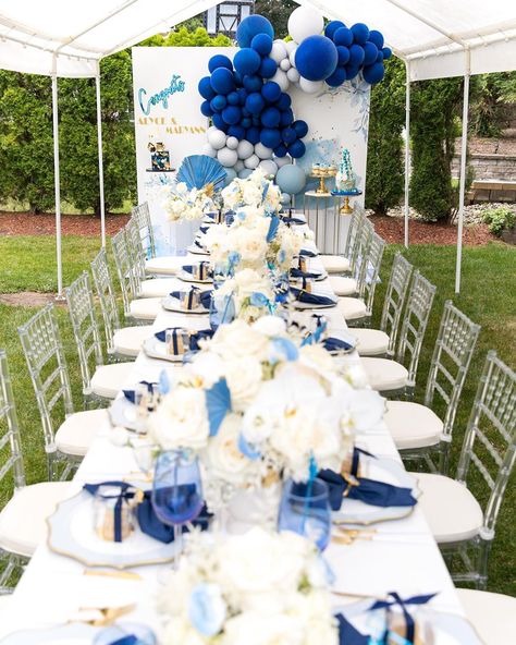 Happy Happenings Designs LLC on Instagram: ““50 Shades of Blue” Graduation Party! 💙🎓   Fabulous at home small celebration exquisitely planned & styled by @harbeevents . . . #HHblooms…” 70th Birthday Ideas For Mom, Blue Party Themes, Grad Party Theme, 80th Birthday Party Decorations, Blue Graduation Party, 50 Shades Of Blue, Blue Party Decorations, Gold Graduation Party, Chair Rentals