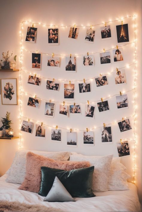 Transform your room with our stunning Polaroid Wall Decor Fairy Lights! These lights are perfect for adding a touch of magic to any space. Create a cozy and charming atmosphere with these twinkling lights, perfect for showcasing your favorite memories in a unique way. Whether you're looking to decorate a bedroom, dorm room, or living room, these fairy lights will instantly elevate your space. Plus, they make a great gift for any photography or home decor enthusiast. Brighten up your room and let your memories shine with our Polaroid Wall Decor Fairy Lights! #polaroidwalldecor #fairylights #homedecor #roomdecor #twinklinglights Fairy Lights Bedroom With Pictures, Photo Light Room Decor, How To Decorate Lights In Bedroom, String Lights With Pictures Bedroom, Dorm Room Ideas Pictures, Bedroom Inspo Fairy Lights, Decorating With Polaroids, Fairy Light Dorm Room Ideas, Aesthetic Room With Fairy Lights