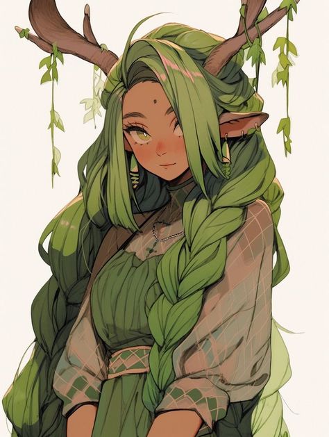 Plant Person Character Design, Forest Nymph Character Design, Summer Eladrin Dnd, Druid Hair, Plant Person Character, Dryad Oc, Nature Character Design, Flower Character Design, Druid Oc