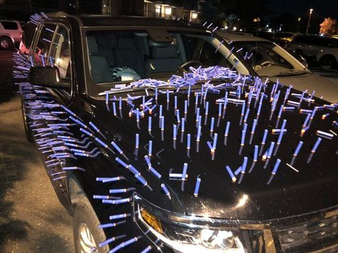 “I covered my friend’s car with 1000 nerf darts for his morning carpool.” Funny Car Pranks, Yard Pranks, House Pranks, Work Pranks, Birthday Pranks, April Fool's Prank, Using People, Nerf Darts, Senior Pranks