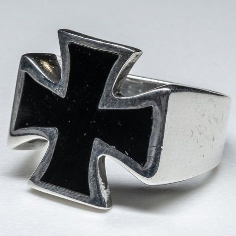 Iron Cross Ring, Iron Cross, Biker Rings, Cross Ring, Ring Women, Sterling Silver Bands, Black Enamel, Signet Ring, Silver Band