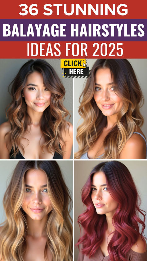 A vibrant collage showcasing 36 stunning balayage hairstyles for 2025. The image highlights a variety of looks, from soft caramel tones and golden blondes to bold red hues, perfect for all hair types and lengths. Each style features beautifully blended colors with a natural, sun-kissed effect, offering trendy inspiration for a fresh, updated hairstyle this year. Hair Color 2024, Balayage Inspiration, Icy Blonde Balayage, Balayage Hair Ideas, Medium Length Waves, Ash Balayage, Warm Brunette, Rich Brunette, Love Soft