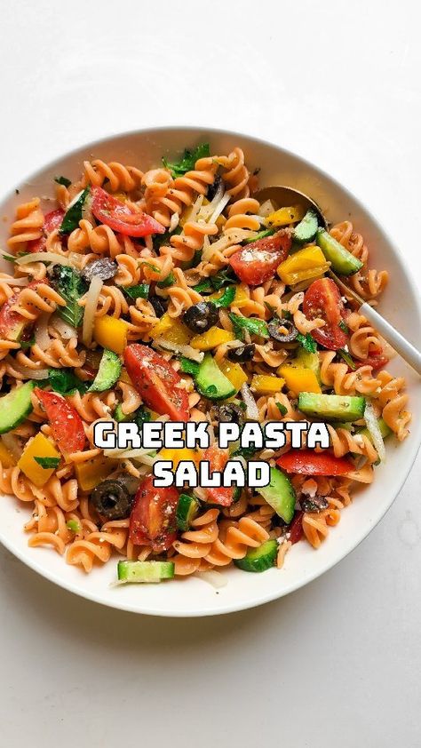 Red Lentil- Greek Pasta Salad Recipe https://fooooods.com/red-lentil-greek-pasta-salad-colourme_aesthetic Red Lentil Pasta Recipes, Pasta Cherry Tomatoes, Lentil Pasta Recipe, Fusilli Recipes, Red Lentil Pasta, Greek Pasta Salad Recipe, Greek Pasta Salad, Pasta Salad Ingredients, Lentil Pasta