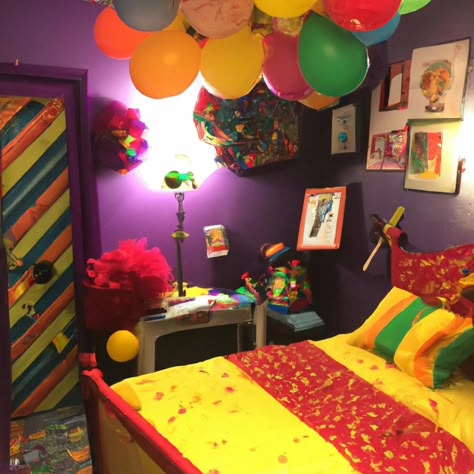 Clown Bedroom Aesthetic, Clown Interior Design, Clowncore Room Ideas, Clown Themed Room, Clown House Decorations, Childish Bedroom, Clowncore Bedroom, Clown Room Decor, Weird Bedrooms