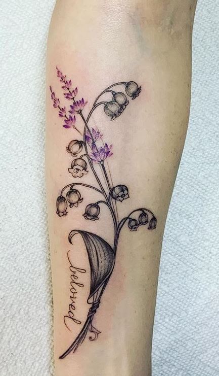 Lily Of The Valley Lavender Tattoo, Lily Of The Valley And Lavender Tattoo, Lily Of The Valley Tattoo With Name, Lily Of The Valley Tattoo Sleeve, May Lily Of The Valley Tattoo, Lily Of The Valley Flower Tattoo, Lily Of Valley Tattoo, Lily Of The Valley Tattoo Design, Unique Tattoos For Moms With Kids