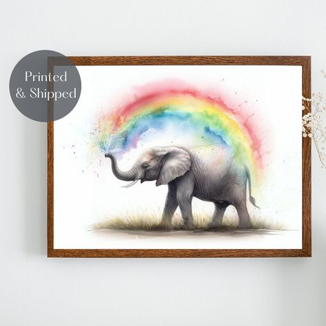 Cute colourful art print for childrens room featuring an elephant spraying a rainbow from its trunk. Nursery Illustration, Illustration Art Kids, Wildlife Pictures, Elephant Wall Art, Colourful Art, Nursery Room Inspiration, Cute Themes, Kids Nursery, Nursery Room Decor