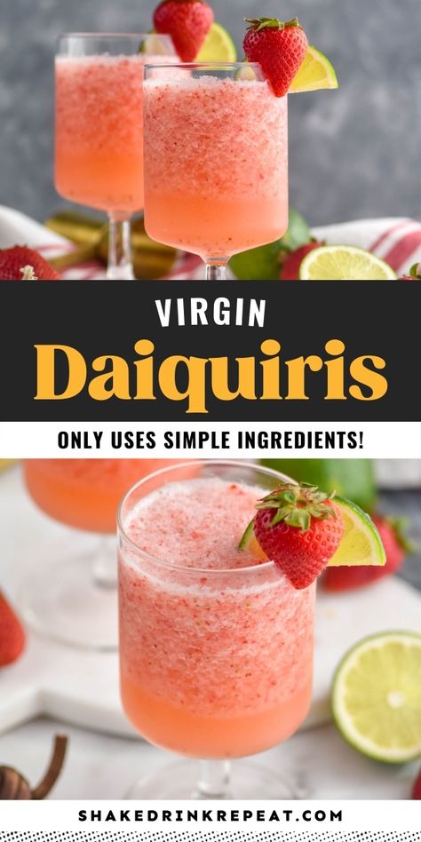 Virgin Strawberry Daquiri Recipe, Frozen Daquiri Recipe, Virgin Strawberry Daiquiri, Fruity Mocktail, Virgin Cocktail Recipes, Strawberry Drink Recipes, Strawberry Daiquiri Recipe, Frozen Strawberry Daiquiri, Holiday Mocktail