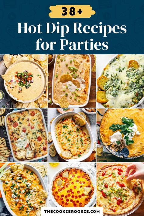 Easy Baked Dips For A Party, Oven Baked Dips, Dip Party Theme, Hot Dip Recipes For Parties, Hot Dip Appetizer Recipes, Sips And Dips Party Ideas, Baked Dips Appetizers, Warm Cheese Dip Recipes, Meat Dips For Parties