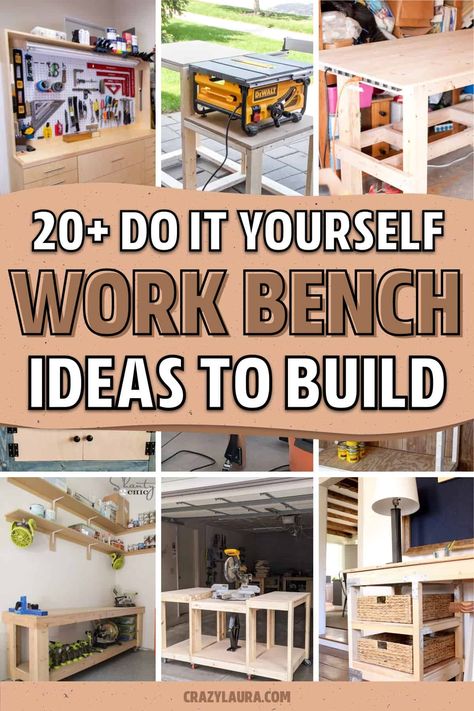 Whether you need more space to work in the garage or you want to save some money and build it yourself, check out these awesome DIY workbench plans and tutorial ideas for inspiration! Building A Workbench Diy, Basement Work Bench Ideas, Wooden Workbench Ideas, Diy Craft Bench, Garage Desk Work Benches, Garage Workbench With Storage, Diy Workbench Plans How To Build, Diy Tool Bench Workbenches, Homemade Work Bench