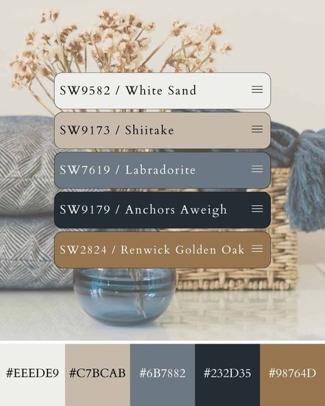 Cozy Color Palette with Hex Codes and Paint Color Matches Navy Cream And Tan Bedroom, Cozy Color Palette, Grey Colour Scheme Bedroom, Color Palette Hex Codes, Color Palette With Hex Codes, Grey Bedroom Colors, Colours That Go With Grey, Tan Bedroom, Mood Board Bedroom