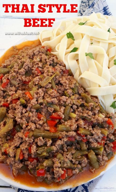 My family loves this quick Thai Style Beef (ready in under 30 minutes) Ground Beef Thai Recipes, Thai Hamburger Recipe, Ground Beef Pad Thai, Thai Basil Ground Beef Recipes, Beef Pad Kra Pow, Thai Red Curry Beef, Curry Ground Beef, Green Curry Recipes, Green Curry Paste