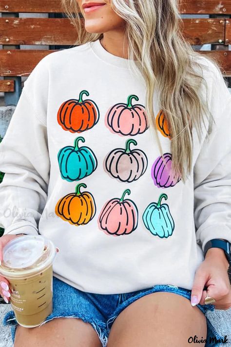 Olivia Mark - Drop Shoulder Pumpkin Spice Sweats Pumpkin Patterns, Football Sweater, Football Sweatshirt, Graphic Sweaters, Drop Shoulder Sweaters, Sweatshirts Pattern, Black Halloween, Pumpkin Print, Pumpkin Pattern