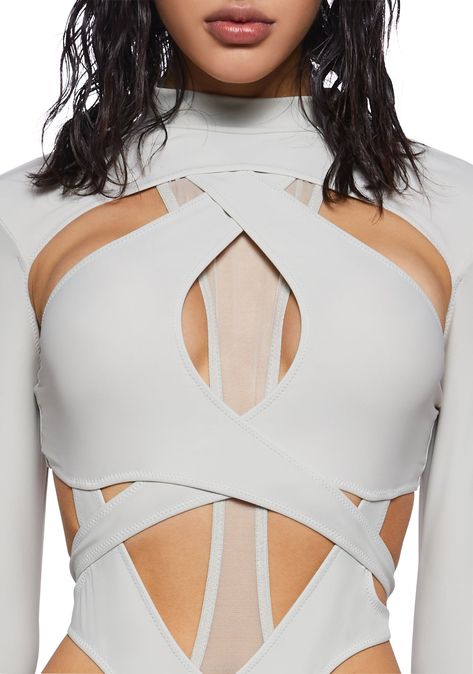 Darker Wavs Strappy Cut Out Spandex Mesh Bodysuit - Grey Intergalactic Outfit Ideas, Original Costumes For Women, Fifth Element Fashion, Rivethead Fashion, Galactic Outfit Ideas, Hero Outfits Design Female, Futuristic Outfits Women, Inflatable Clothing, Futuristic Fashion Women