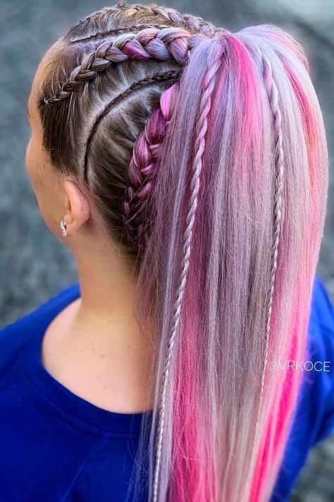 Color Braids Ideas, Braided Pink Hair Hairstyles, Braided High Ponytail, Colorful Hair Extensions Braids, Rave Braids Festival Hair, Colorful Hair Braid Extensions, Colorful Braided Hair Extensions, Synthetic Hair Braids Festival, Festival Hair Extensions