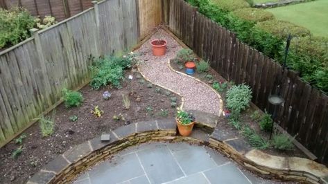 Triangle Shaped Garden, Crazy Paving, Gravel Path, Picnic Bench, Yard Design, Could Play, Back Gardens, A Picnic, Retaining Wall