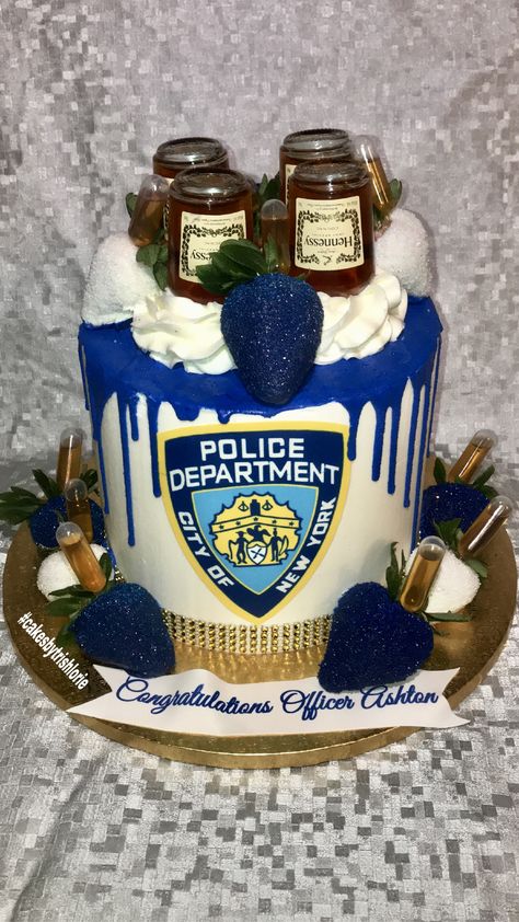 Hennessy Drip Cake  Police Theme   Blue Bling Strawberries Police Graduation Cake, Police Themed Cake, Police Cake Design, Police Retirement Cake, Police Cake, Hennessy Cake, Police Cakes, Liquor Cake, Police Birthday Party