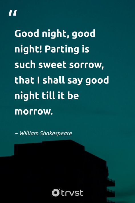 "Good night, good night! Parting is such sweet sorrow, that I shall say good night till it be morrow." -William Shakespeare #trvst #quotes #dogood #bethechange #dream #sorrow #silence #sleep #night Parting Is Such Sweet Sorrow, Shakespeare Words, Night Meaning, Look At The Stars, Night Quotes, Day For Night, William Shakespeare, Good Night Quotes, Good Night Sleep