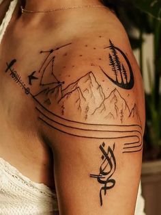 Mountain Tattoo Shoulder, Wilderness Tattoo Women, Inside Arm Tattoo, Mountain Sleeve Tattoo, Geometric Tattoo Shoulder, Moutain Tattoos, Small Mountain Tattoo, Inside Of Arm Tattoo, Geometric Mountain Tattoo