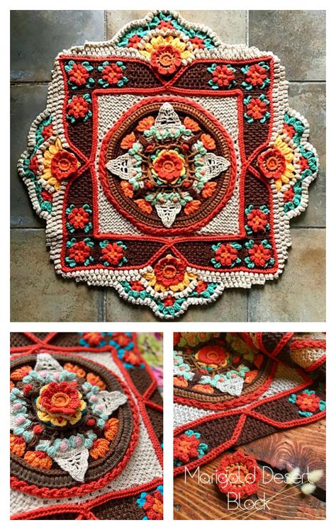 Marigold Desert Blanket Crochet Pattern - Crochet & Knitting Marigold Desert Crochet, Throw Crochet, Crochet Blanket Pattern Easy, Easy Crochet Blanket, Crochet Mandala Pattern, Crochet Blanket Designs, Crochet Blocks, Crochet Circles, Crochet Mandala