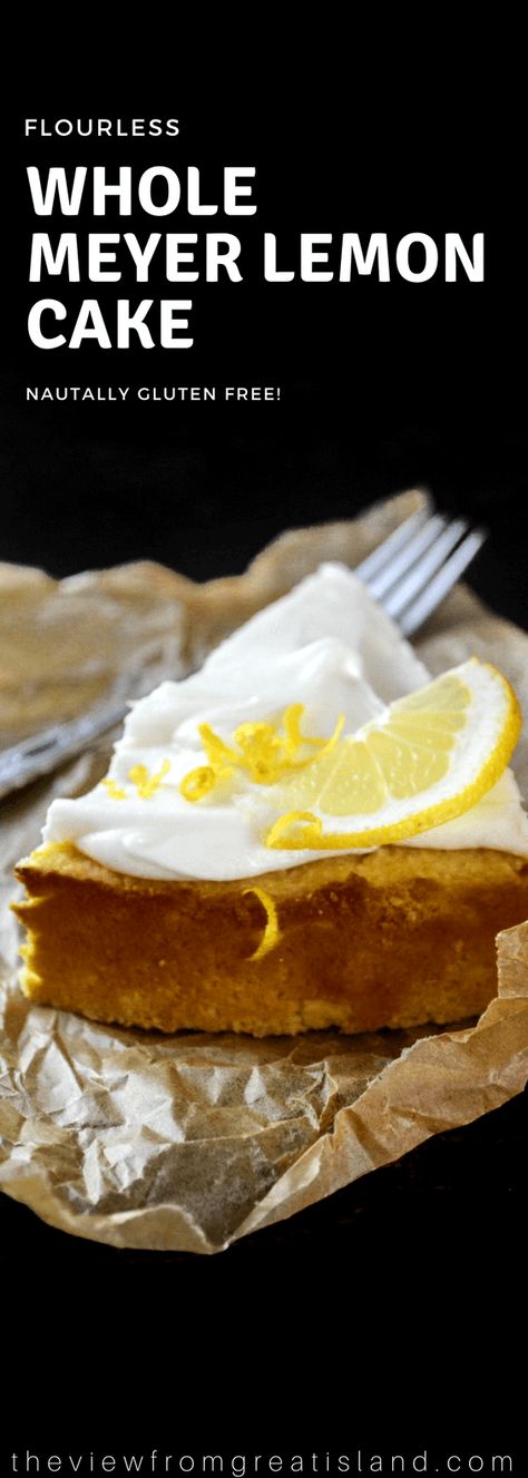 This naturally gluten free Flourless Whole Meyer Lemon cake is made with the entire lemon, peel and all, in the Mediterranean tradition, it has a tender texture and an explosive lemon flavor. #easy #recipe #glutenfree #lemoncake #meyerlemon #flourless #flourlesscake #almond #flourlesscakerecipe #citrus #italiancake #italianlemoncake #almondcake #wholefruit Meyer Lemon Cake, Flourless Cake Recipes, Italian Lemon Cake, Dairy Free Cake Recipe, Flourless Desserts, Island Recipes, Lemon Health Benefits, Dairy Free Cake, Flourless Cake