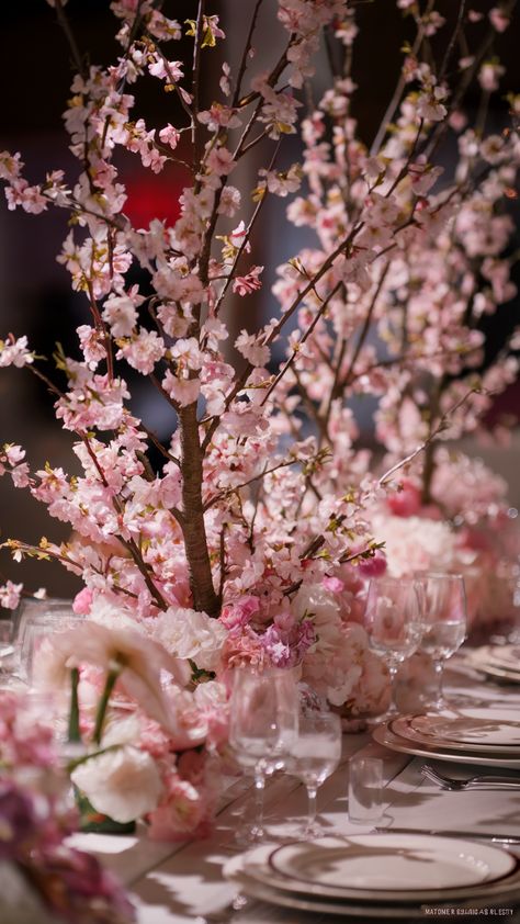 Cherry Blossom Wedding Reception, Tall Purple Centerpieces, Cherry Blossom Table Centerpiece, Timeless Wedding Decor Romantic, Japanese Wedding Theme, Silk Peonies Arrangement, Modern Pink Wedding, Cherry Blossom Wedding Decor, Wedding Table Decorations Pink