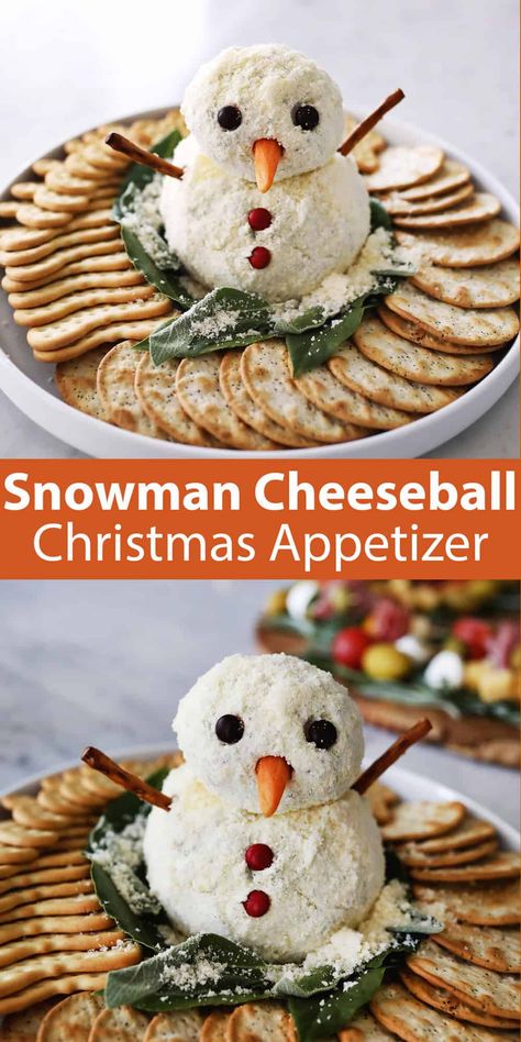 Snowman Cheese Ball - A Beautiful Mess Winter Wonderland Appetizers, Snowman Cheeseball Christmas, Cheese Ball Snowman, Christmas Appies, Christmas Cheeseball, Snowman Cheese Ball, Creamy Cheese Dip, Snowman Cheeseball, Holiday Cooking Christmas