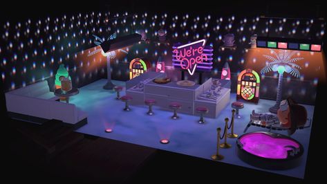 Night Club Animal Crossing, Animal Crossing Karaoke Bar, Club Animal Crossing, Acnh Club, Island Ideas, Night Club, Animal Crossing, Planets, Paradise