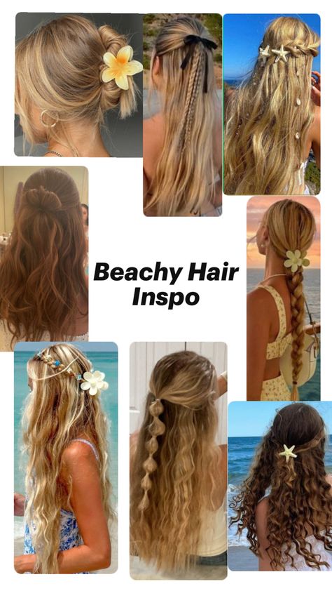 Cute beachy hairstyles for summer! Beach Theme Hairstyles, Cute Hairstyles For Trips, Cute Vacay Hairstyles, Cute Beach Day Hairstyles, Hairstyles For Tropical Vacation, Cute Beach Hair Styles, Hairstyles For Florida, Half Up Half Down Beach Hair, Island Hair Styles