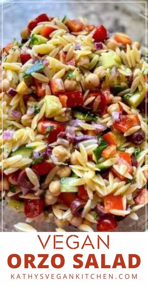 Vegan Orzo Salad Oil Free, Vegan Orzo Salad Recipes, Vegan Orzo Salad, Greek Orzo Pasta Salad Recipe, Orzo Salads, Vegan Summer Salad, Greek Orzo Pasta Salad, Greek Orzo Pasta, Crunchy Salads