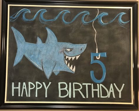 Shark Birthday chalkboard art Shark Birthday Chalkboard Art, Shark Chalk Art, Chalkboard Wall Ideas, Happy Birthday Chalkboard, Birthday Chalkboard Art, Chalkboard Pictures, Chalkboard Wall Bedroom, Chalkboard Calendar, Chalk Ideas