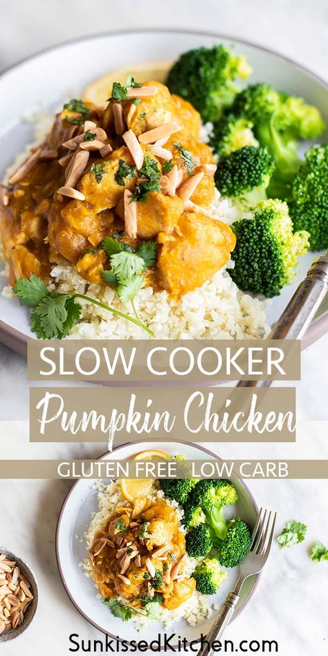 Pumpkin Crockpot Recipes Dinner, Chicken With Pumpkin Sauce, Low Carb Fall Crockpot Recipes, Keto Pumpkin Dinner Recipes, Low Carb Pie Filling, Meals With Pumpkin, Pumpkin Slow Cooker Recipes, Chicken Pumpkin Recipes, Pumpkin And Chicken Recipes