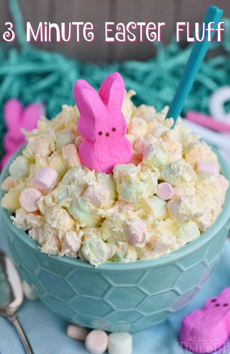 This easy dump and go, one-bowl Three Minute Easter Fluff is the perfect addition to your Easter festivities! A delicious dessert salad everyone will love! Easter Fluff, Easy Easter Recipes, Easter Dishes, Fluff Recipe, Easter Snacks, Fluff Desserts, Easter Sweets, Easter Desserts Recipes, Ambrosia Salad