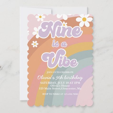 Five Is A Vibe, Hippie Birthday Party, 10th Birthday Invitation, 5th Birthday Girls, Eleventh Birthday, Rainbow Birthday Invitations, Hippie Birthday, 5th Birthday Party Ideas, Retro Daisy