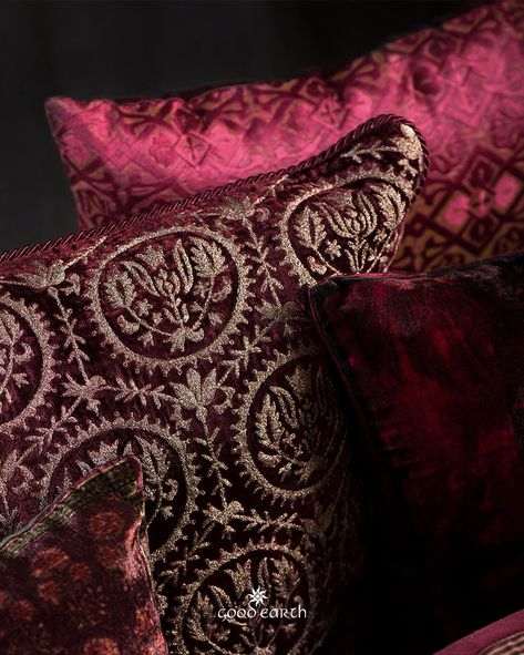 French Country Bedding, Good Earth India, Elegant Throw Pillows, Indian Cushions, Cushion Embroidery, Country Bedding, Embroidered Motifs, Good Earth, Fancy Art