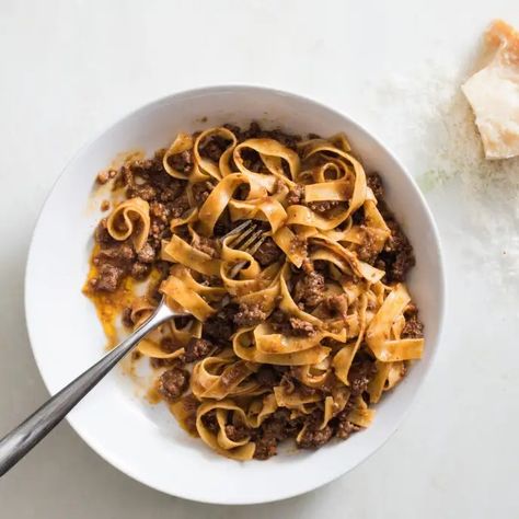 One-Pot Weeknight Pasta Bolognese | America's Test Kitchen Recipe Chorizo Bolognese, Meaty Pasta, Weeknight Bolognese, The Kitchen Recipes, Tagliatelle Bolognese, Italian Meat Sauce, Pork Pasta, Pasta Bolognese, Italian Meats