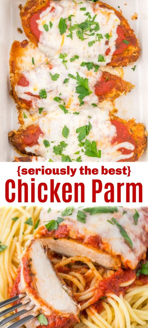 Classic Chicken Parmesan recipe with parmesan crusted tender chicken, topped with marinara and cheese. Chicken Parm is an easy, excellent 30 minute dinner. #chickenparmesan #chickenparmesanrecipe #parmesancrustedchicken #bakedchickenparmesan #easychickenparmesan #natashaskitchen Chicken Parmesan Recipe Easy, Chicken Parmesan Recipe Baked, Chicken Parmesan Recipe, Parmesan Recipe, Easy Chicken Parmesan, Diner Recept, Cheese Chicken, Baked Chicken Parmesan, Chicken Parm