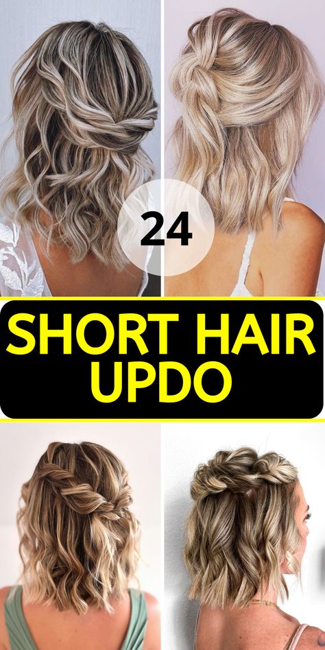 24 Stunning Short Hair Updo Ideas for Every Occasion – From Casual to Elegant! - divagaze.com Brides Hairstyles For Short Hair, Beach Wedding Hair Half Up Medium Lengths Easy Hairstyles, Mid Length Updo Casual, Hair Styles Medium Length Wedding, Med Hair Styles For Wedding, Partial Updos For Medium Hair Half Up, Upstyles For Short Hair Weddings, Hairstyles For Off The Shoulder Dress Short Hair, Updo Hairstyles Shoulder Length Hair