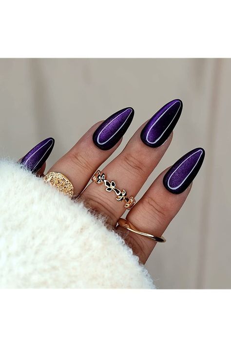 10 Pcs Handmade Press on Nails ( Medium, Purple Cat Eye /Purple Moon Stone on Black /Almond) A009M Cat Eye Nails Purple, Black Pearl Nails, Dark Purple Nails Ideas, Purple Witchy Nails, Black Cat Eye Nails, Purple Cat Eye Nails, Amethyst Nails, Black And Purple Nails, Nails Small