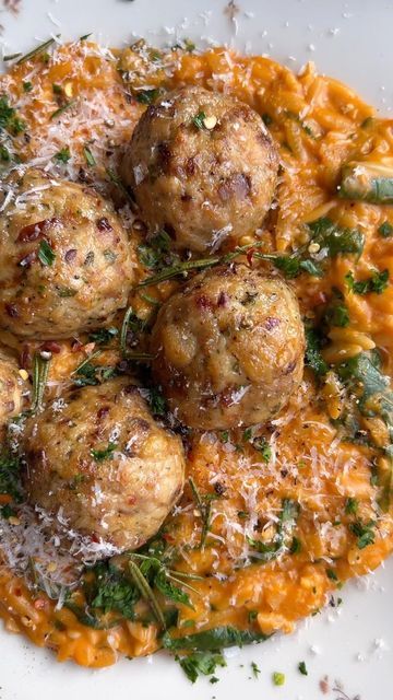 Baked Rosemary Chicken Meatballs With Tomato Orzo, Rosemary Chicken Meatballs, Baked Rosemary Chicken, Creamy Tomato Orzo, 2023 Meals, Tomato Orzo, The Original Dish, Baked Chicken Meatballs, Food Dolls