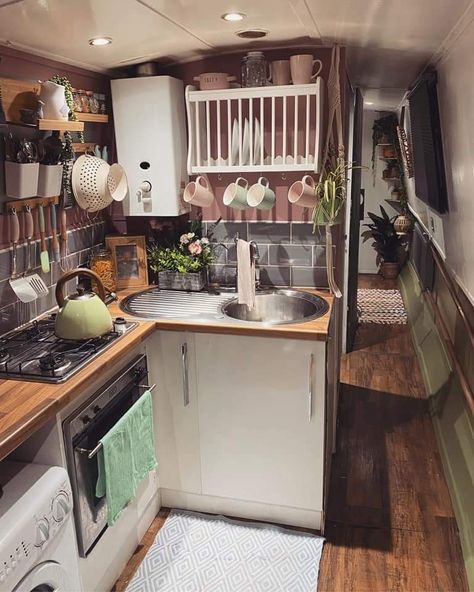 Narrowboat Kitchen, Kitchen Divider, Canal Boat Interior, Narrowboat Interiors, Boat Interior Design, Boat House Interior, Kitchen Renovation Inspiration, Narrow Boat, Boat Decor