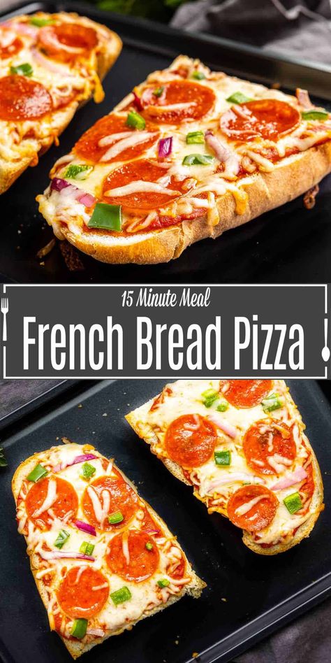 Make your french bread pizza with all of your favorite toppings and bake it in the oven for perfectly crispy, cheesy, pizza every time. This is an easy dinner recipe that the kids will love. Use a soft, crusty loaf of French bread and top it with your favorite sauce, two kinds of cheese, and your favorite toppings. It's a fun way to make homemade pizza for pizza night with the family. Oven Garlic Bread, French Bread Pizza Recipes, Pizza Dinner Recipes, Pizza Variety, Field Meals, Best Easy Dinner Recipes, Pizza Dinner, Cheesy Pizza, French Bread Pizza